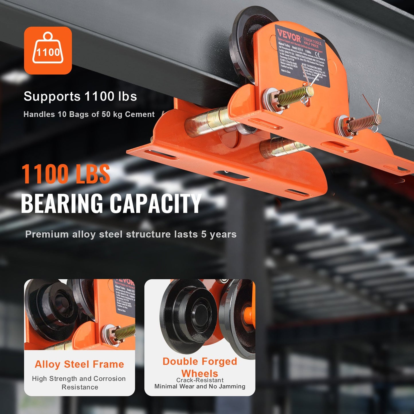 Manuell elektrisk lyftvagn, 499 kg/0,5 ton kapacitet för PA200 PA250 PA300 PA400 PA500, skjutbalksvagn med dubbla hjul, 6 cm-12 cm justerbar flänsbredd för rak, böjd I-balk