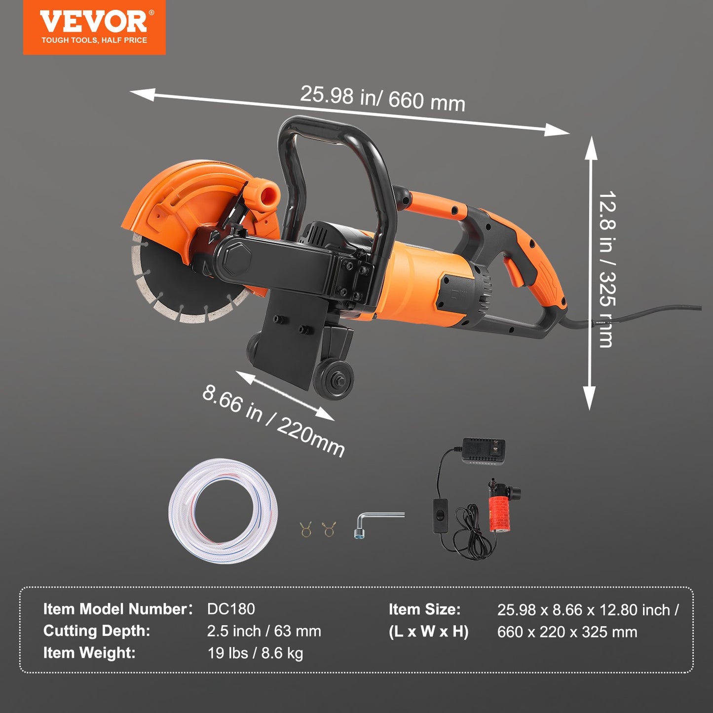 Elektrisk betongsåg, 18 cm cirkelsåg, 2000 W hög effekt med max. 6 cm sågdjup, våt-/torrskivasåg inklusive vattenledning, pump och blad, för sten, tegel