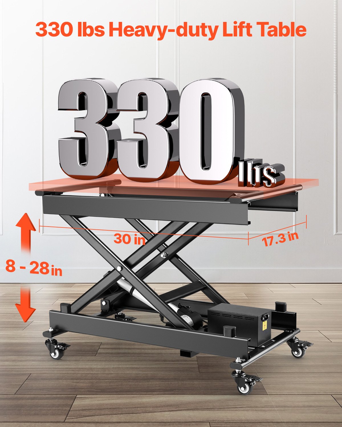 Elektriskt lyftbord, 145 kg kapacitet, enkel saxlyftbord, 20-61 cm höjdjusterbar lyftplattform, soffbordslyft med 4 hjul, för materialhantering och transport, svart