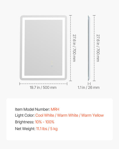 LED Bathroom Mirror, 50 x 70 cm LED Bathroom Vanity Mirror with Frontlit and Backlit, Anti-Fog Memory Mirror with Lights, Stepless 3 Colors Temperature Dimmable Bathroom Mirror, Wall Mounted