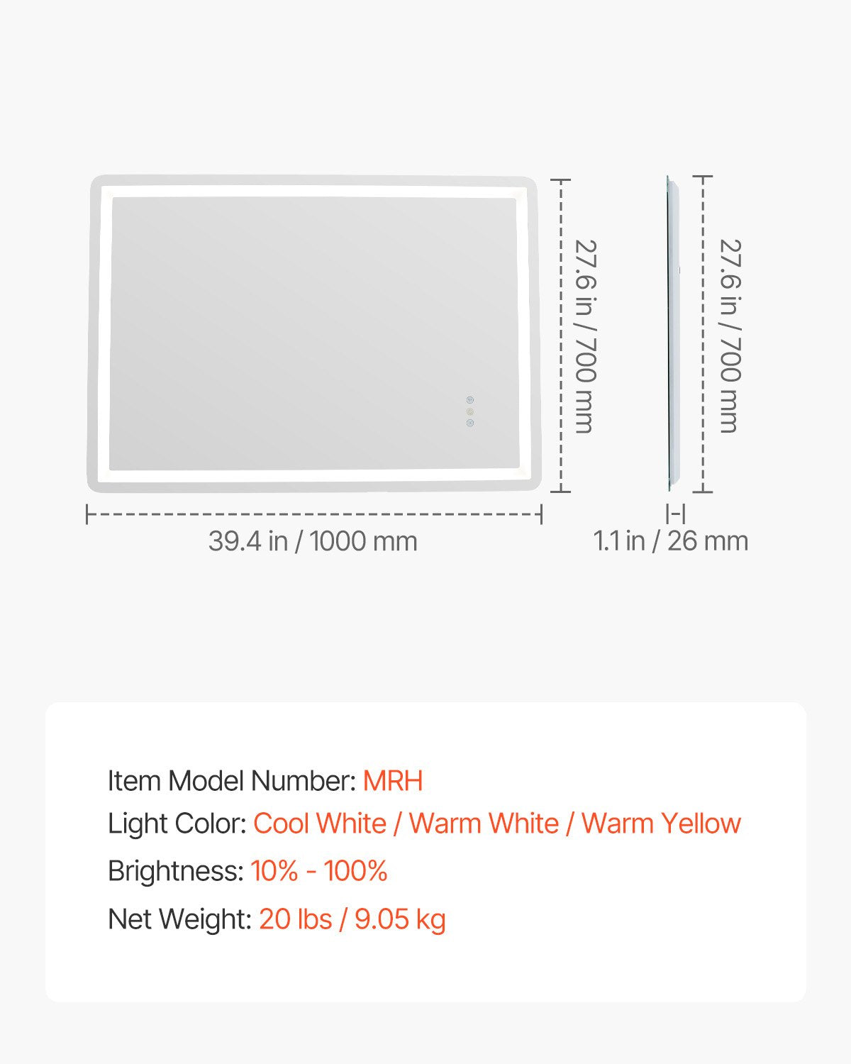 LED Bathroom Mirror, 70 x 100 cm LED Bathroom Vanity Mirror with Frontlit and Backlit, Anti-Fog Memory Mirror with Lights, Stepless 3 Colors Temperature Dimmable Bathroom Mirror, Wall Mounted