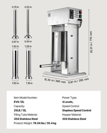 Electric Sausage Stuffer, 25 LBS / 12 L Vertical Meat Stuffer, Stepless Speed Control and Foot Pedal, Stainless Steel Heavy Duty Sausage Filler with 4 Stuffing Tubes, for Commercial & Home Use