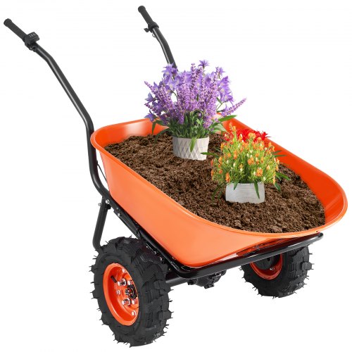 Electric Wheelbarrow Cart, 500W Powered Utility Garden Wagon Dump Cart, 7 Cu. Ft. Load & 573 lbs Capacity with Metal Handle & 16" Track Wheels, Two Wheel Barrow Yard Cart & Wagons for Lawn Farm