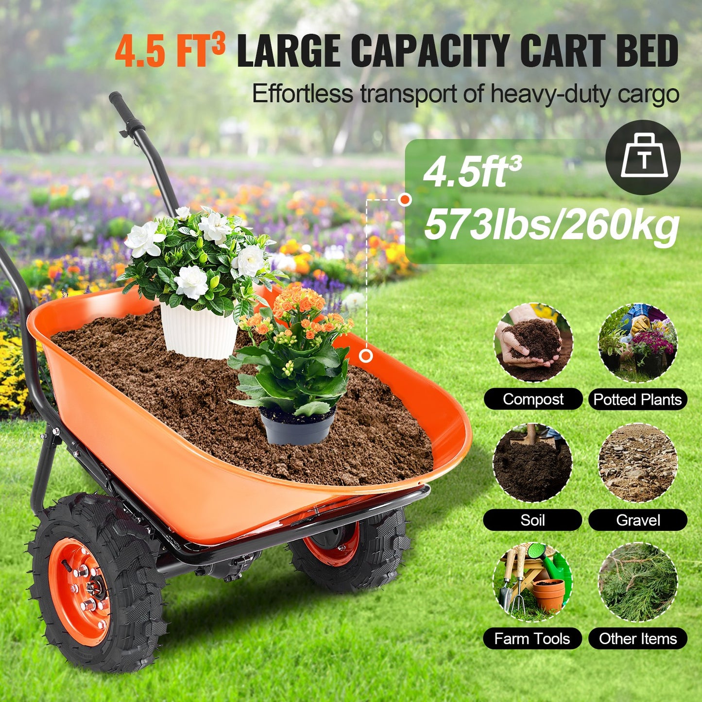 Electric Wheelbarrow Cart, 500W Powered Utility Garden Wagon Dump Cart, 7 Cu. Ft. Load & 573 lbs Capacity with Metal Handle & 16" Track Wheels, Two Wheel Barrow Yard Cart & Wagons for Lawn Farm