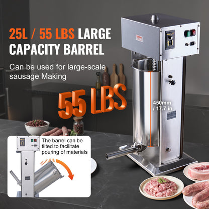 Electric Sausage Stuffer, 25 L / 55 LBS Vertical Meat Stuffer, 400W Motor, Stepless Speed Control and Foot Pedal, Made of Food-grade 304 Stainless Steel, 5 Stuffing Tubes for Home, Commercial