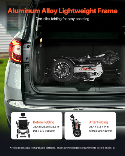 Electric Wheelchair for Adults, 136kg Capacity with Adjustable Backrest, Foldable Lightweight Motorized Wheelchair, 21km Range, All-Terrain Powered, Portable 53cm Seat for Seniors & Disabled