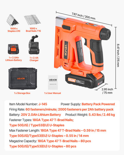 Cordless Brad Nailer, 2-in-1 Nail Gun Staple Gun, 18 Gauge 15 mm, Includes 1000 Pcs Staples and 1000 Pcs Nails, with Battery and Charger, Non-Slip Rubber Grip, for Woodworking DIY Projects