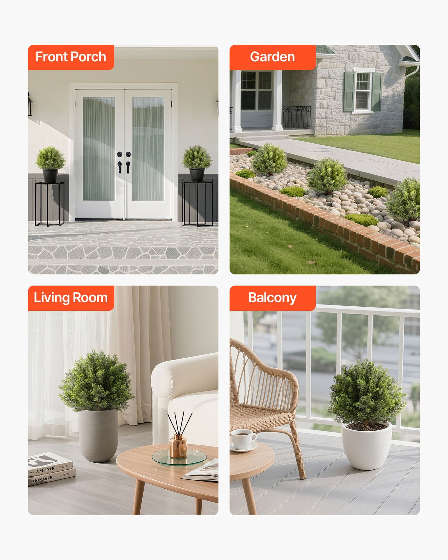 Artificial Topiary Cypress Trees with Ground Spike, 2 Set 406mm Faux Shrubs & Bushes Potted Plants, Fake Silk Tree Look Real for Decor Front Porch Outdoor Indoor Patio Garden Balcony Backyard