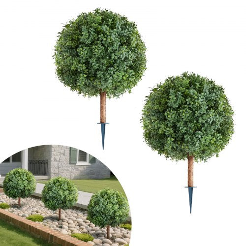 Artificial Topiary Boxwood Trees with Ground Spike, 2 Set 686mm Faux Shrubs & Bushes Potted Plants, Fake Silk Tree Look Real for Decor Front Porch Outdoor Indoor Patio Garden Balcony Backyard