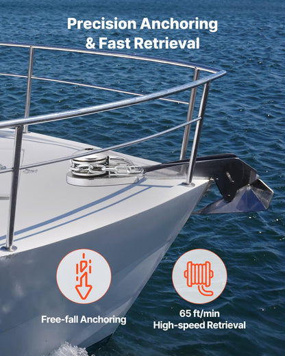 Vertikalt fiskespel, 12V DC 600W, ankarsystem för ankarspel, lämpligt för 6,35 mm kätting eller 14,3 och 15,9 mm nylonrep, max dragkraft 320 kg, konstruktion i 316 rostfritt stål, för båtar 6-11 m