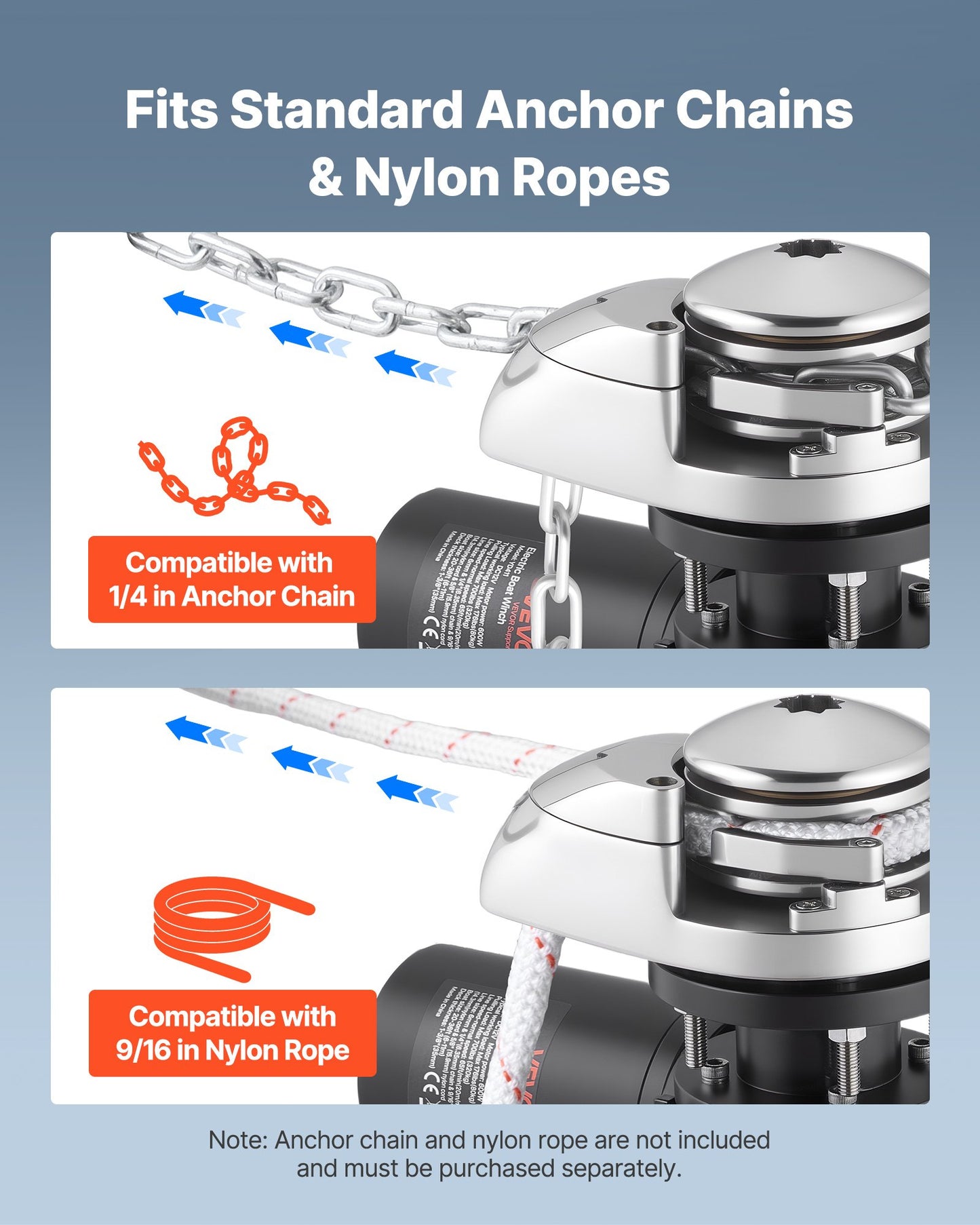 Vertikalt fiskespel, 12V DC 600W, ankarsystem för ankarspel, lämpligt för 6,35 mm kätting eller 14,3 och 15,9 mm nylonrep, max dragkraft 320 kg, konstruktion i 316 rostfritt stål, för båtar 6-11 m