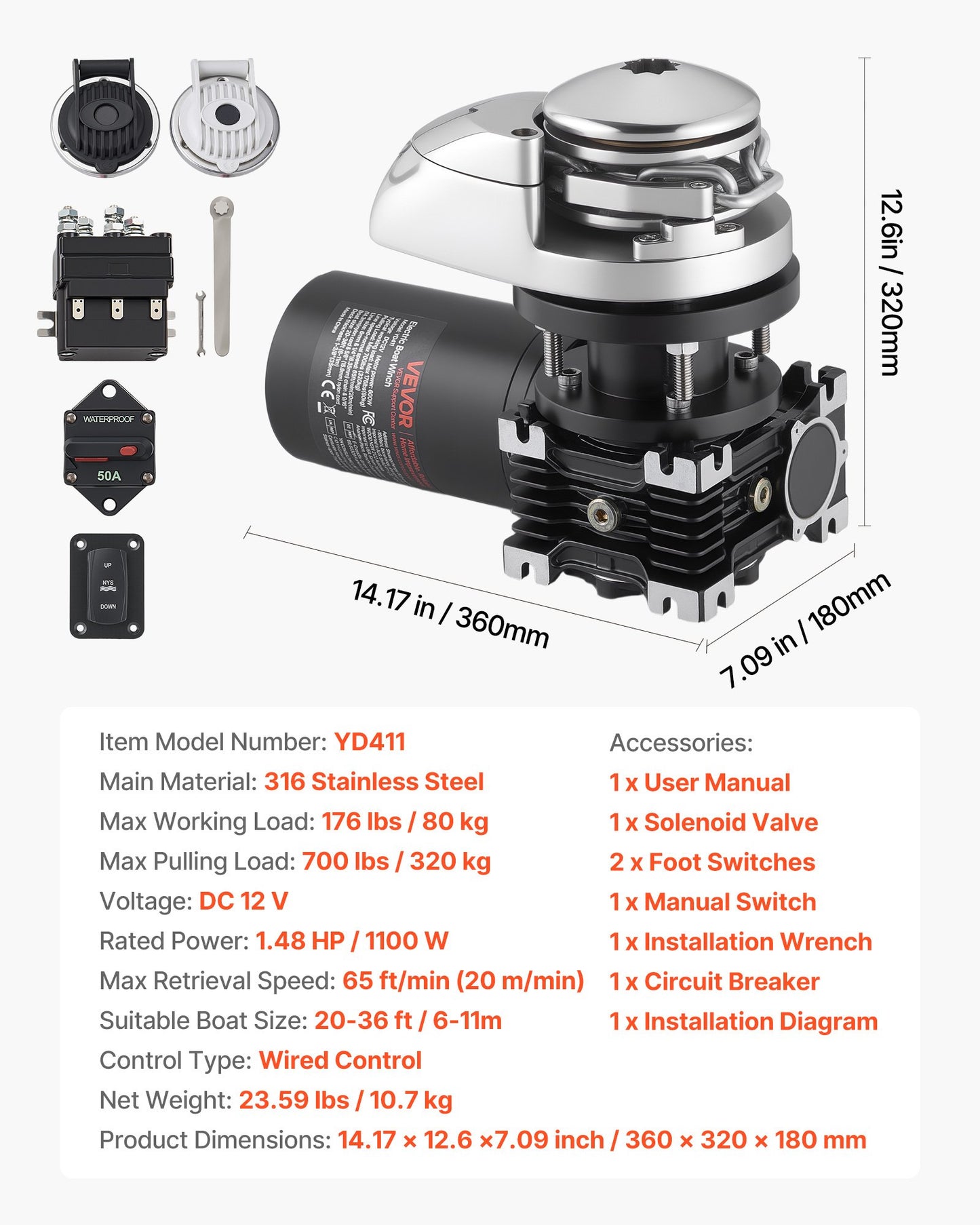 Vertikalt fiskespel, 12V DC 600W, ankarsystem för ankarspel, lämpligt för 6,35 mm kätting eller 14,3 och 15,9 mm nylonrep, max dragkraft 320 kg, konstruktion i 316 rostfritt stål, för båtar 6-11 m