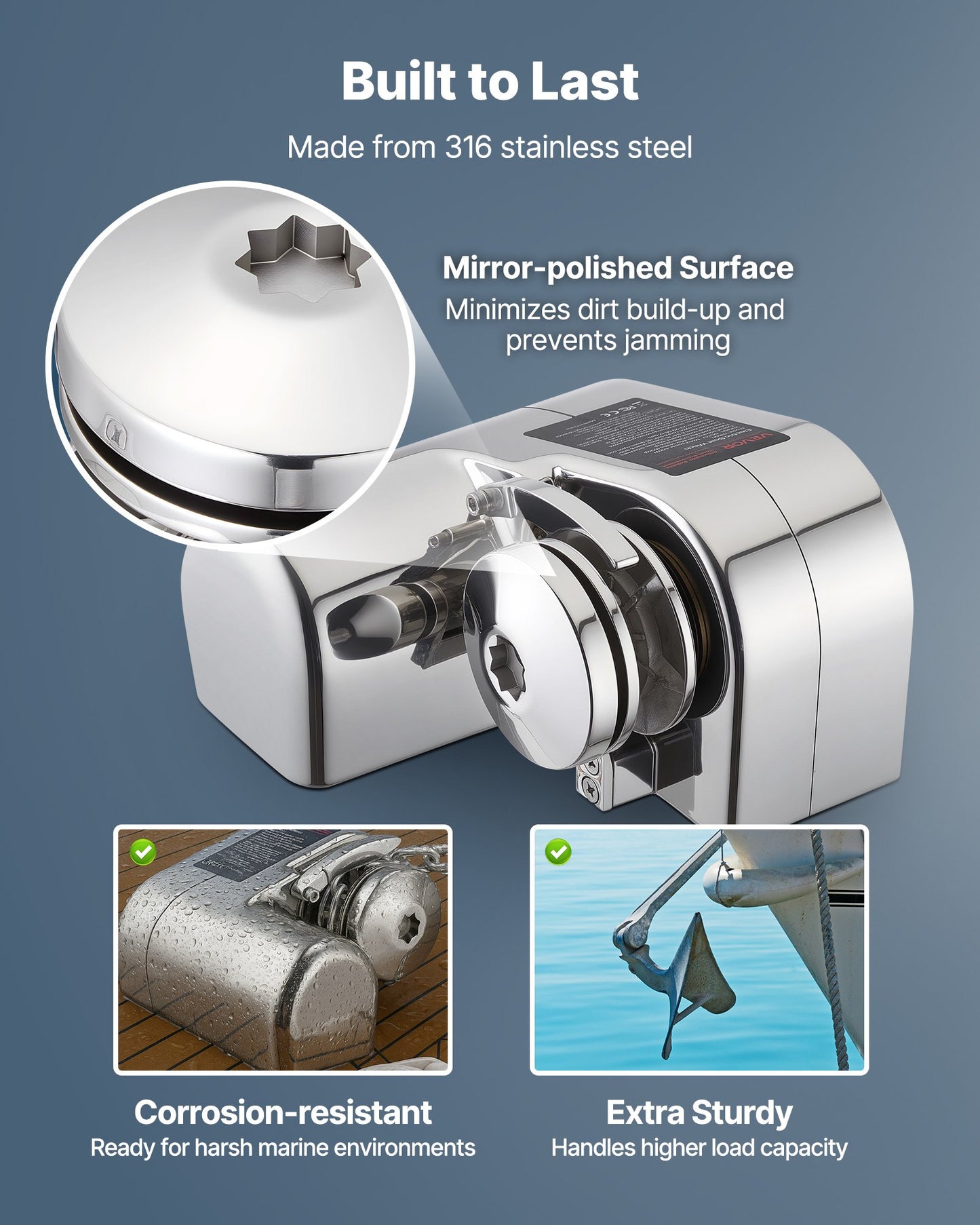 Horizontal Fishing Windlass, 12V DC 600W, Windlass Anchor Systems Fit for 6.35 mm Chain or 14.3 & 15.9 mm Nylon Rope, Max Pull 260 kg, 316 Stainless Steel Construction, for Boats 7-9 m