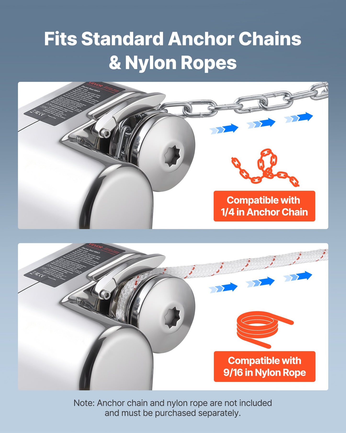 Horizontal Fishing Windlass, 12V DC 600W, Windlass Anchor Systems Fit for 6.35 mm Chain or 14.3 & 15.9 mm Nylon Rope, Max Pull 260 kg, 316 Stainless Steel Construction, for Boats 7-9 m