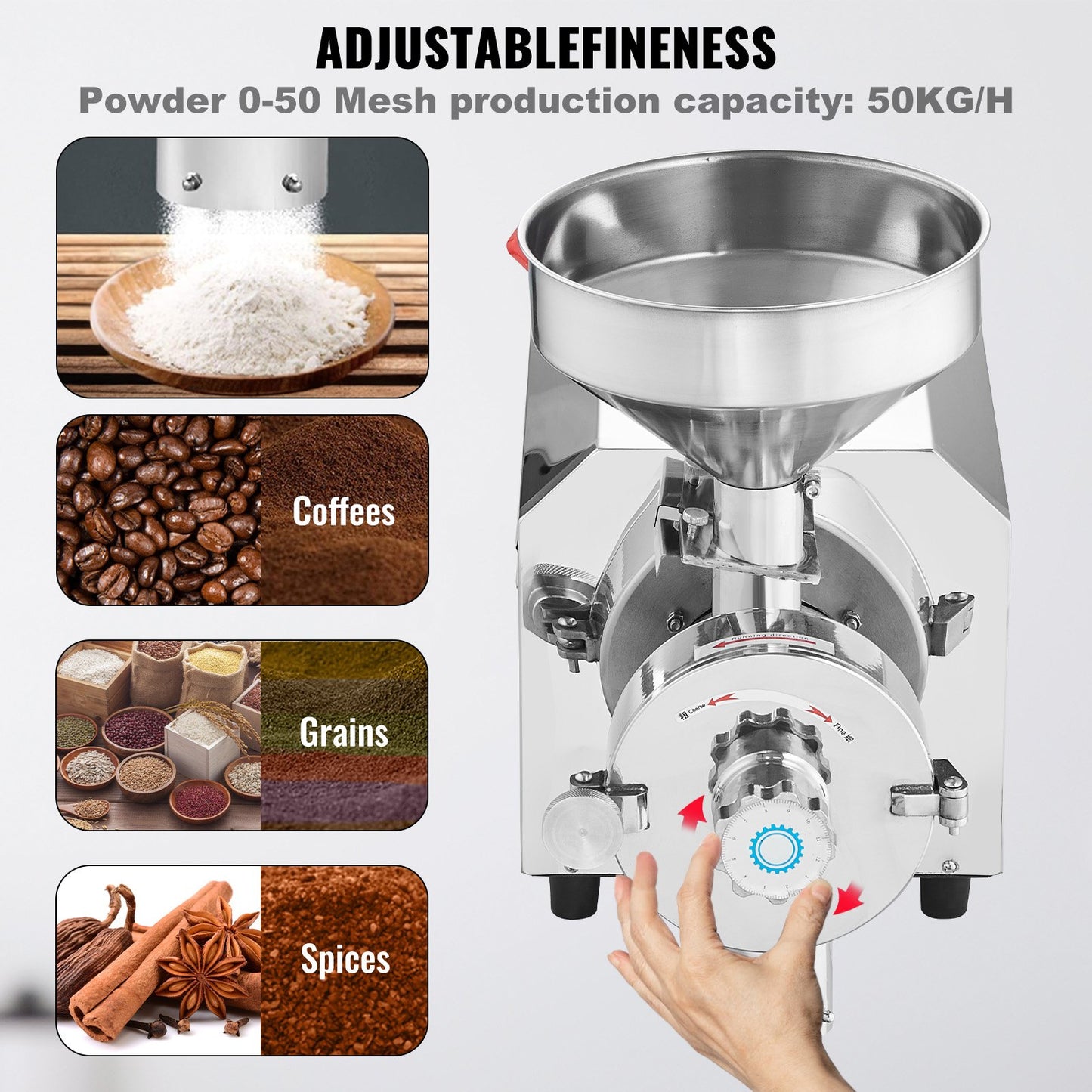 Soybean Grinder Commercial Grinding Machine for Spices 2200W Corn Mill Grinder 50 KG/H Stainless Steel Corn Grinder Industrial Flour Milling Machine for Pepper Soybean Peanut Corn Grains