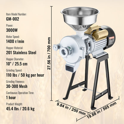 Electric Grain Mill Grinder, 3000W Spice Grinders, Commercial Corn Mill with Funnel, Thickness Adjustable Powder Machine, Heavy Duty Feed Flour Cereal Mill Wheat Grinders, Dry & Wet Grinder