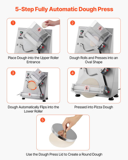 Pizzadegsrulle, 3-14 tums automatisk pizzapress i rostfritt stål, kommersiell elektrisk 370W pastamaskin, 260 bitar per timme, justerbar tjocklek, med degpresslock