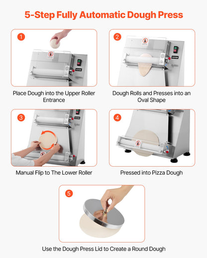 Pizza Dough Roller Sheeter, 3-16 Inch Semi-automatic Stainless Steel Pizza Press, Commercial Electric 390W Pasta Maker Machine, 260 pcs Per Hour, Adjustable Thickness, with Dough Press Lid