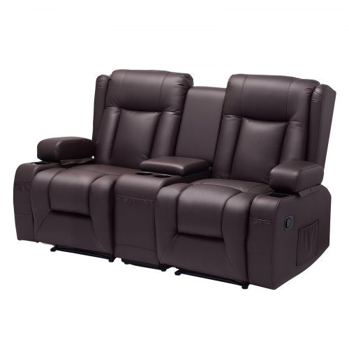 Loveseat Recliner Sofa, Manual Reclining Couch with Center Console, PU Faux Leather Recliner Sofa with USB Ports, Cup Holders and Storage Bags, Dual Loveseat Chair for Living Room/RV, Brown