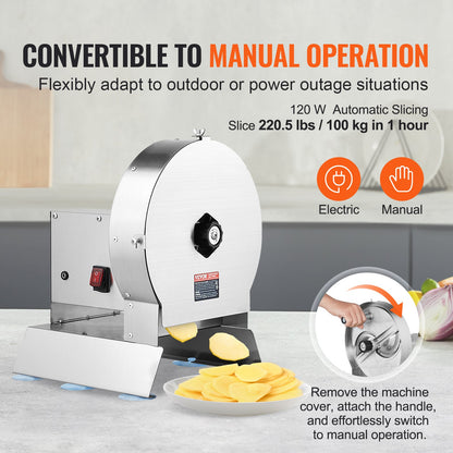Electric Vegetable Slicer, 0-0.5"/0-12mm Thickness Adjustable Commercial Slicer Machine, Convertible to Manual, Stainless Steel Food Cutter Slicing Machine, for Potato, Lemon, Tomato, Apple