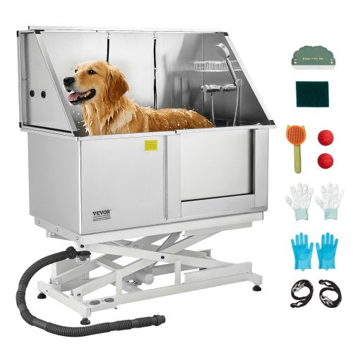 Electric Lift Dog Washing Station, 127 cm Professional Stainless Steel Pet Grooming Tub w/ PE Water Filter Board, Faucet & Showerhead Dog Bathtub Washing Sink for Multiple Pets (Right Door)