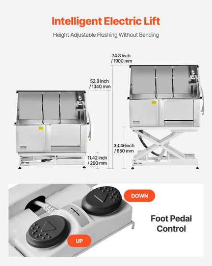 Electric Lift Dog Washing Station, 127 cm Professional Stainless Steel Pet Grooming Tub w/ PE Water Filter Board, Faucet & Showerhead Dog Bathtub Washing Sink for Multiple Pets (Right Door)