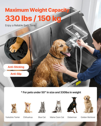 Electric Lift Dog Washing Station, 127 cm Professional Stainless Steel Pet Grooming Tub w/ PE Water Filter Board, Faucet & Showerhead Dog Bathtub Washing Sink for Multiple Pets (Right Door)