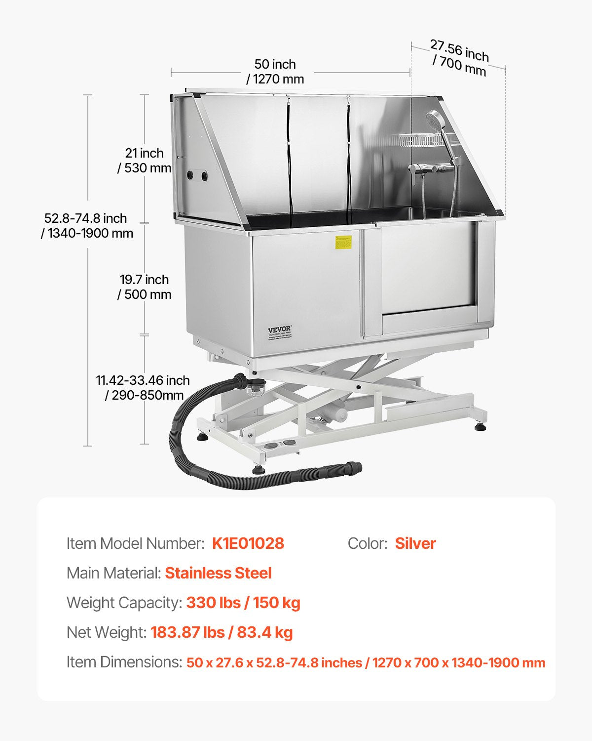Electric Lift Dog Washing Station, 127 cm Professional Stainless Steel Pet Grooming Tub w/ PE Water Filter Board, Faucet & Showerhead Dog Bathtub Washing Sink for Multiple Pets (Right Door)
