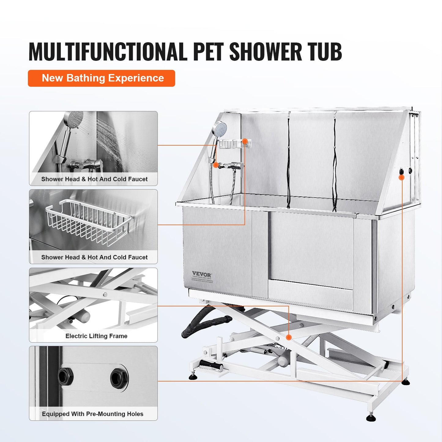 1.27M Pet Dog Bathing Station Electric Height Adjust, Professional Stainless Steel Dog Grooming Tub w/ Soap Box, Faucet,Rich Accessory,Bathtub for Multiple Pets, Washing Sink for Home(Right)