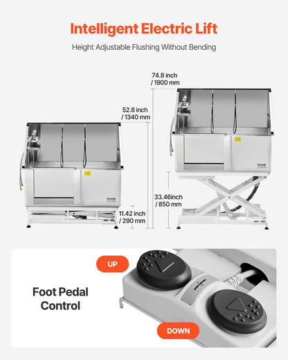 Elektrisk lyftbar hundtvättstation, 127 cm professionellt rostfritt stålbadkar med PE-vattenfilter, kran och duschmunstycke. Badkar för flera husdjur (vänster dörr).