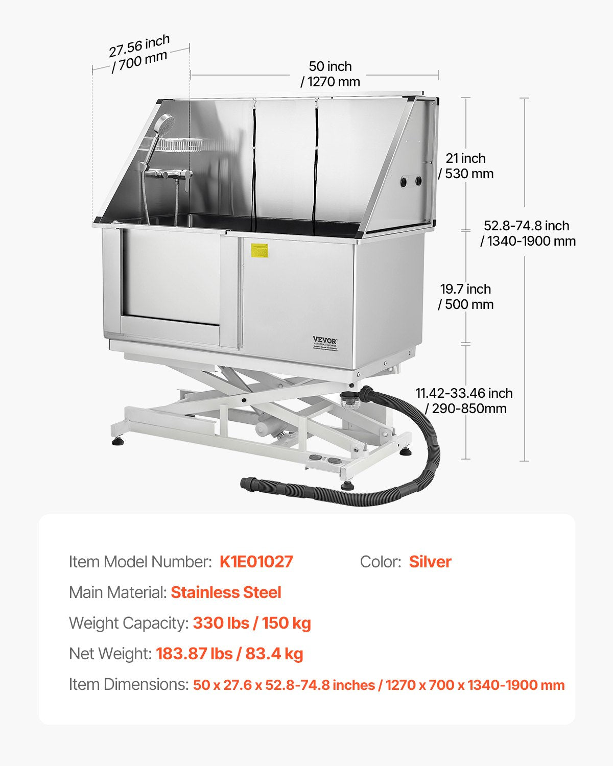 Elektrisk lyftbar hundtvättstation, 127 cm professionellt rostfritt stålbadkar med PE-vattenfilter, kran och duschmunstycke. Badkar för flera husdjur (vänster dörr).