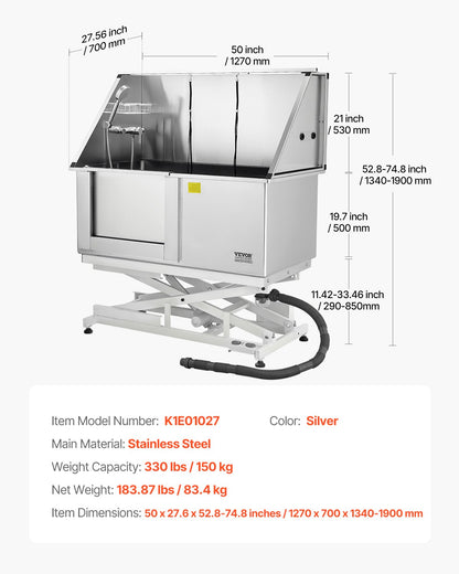Elektrisk lyftbar hundtvättstation, 127 cm professionellt rostfritt stålbadkar med PE-vattenfilter, kran och duschmunstycke. Badkar för flera husdjur (vänster dörr).