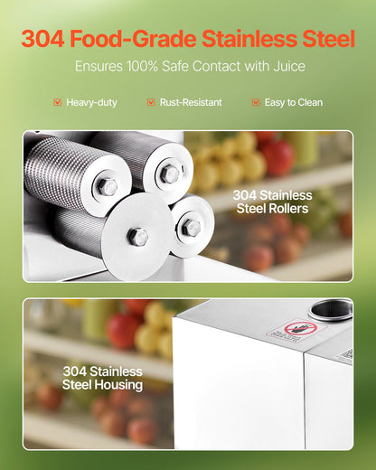 Kommersiell sockerrörspress, 800W elektrisk sockerrörspress med 300 kg/h hög effekt, 4 valsar i rostfritt stål, sockerrörspress för hemmabruk/kommersiellt bruk