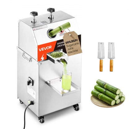 Commercial Sugar Cane Juicer, 750W Electric Sugarcane Juicer Machine with 300KG/H High Output, 3 Stainless Steel Rollers, Sugarcane Juice Press Extractor Squeezer on Wheels for Home/Commercial