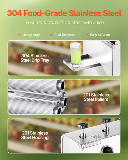 Commercial Sugar Cane Juicer, 750W Electric Sugarcane Juicer Machine with 300KG/H High Output, 3 Stainless Steel Rollers, Sugarcane Juice Press Extractor Squeezer on Wheels for Home/Commercial