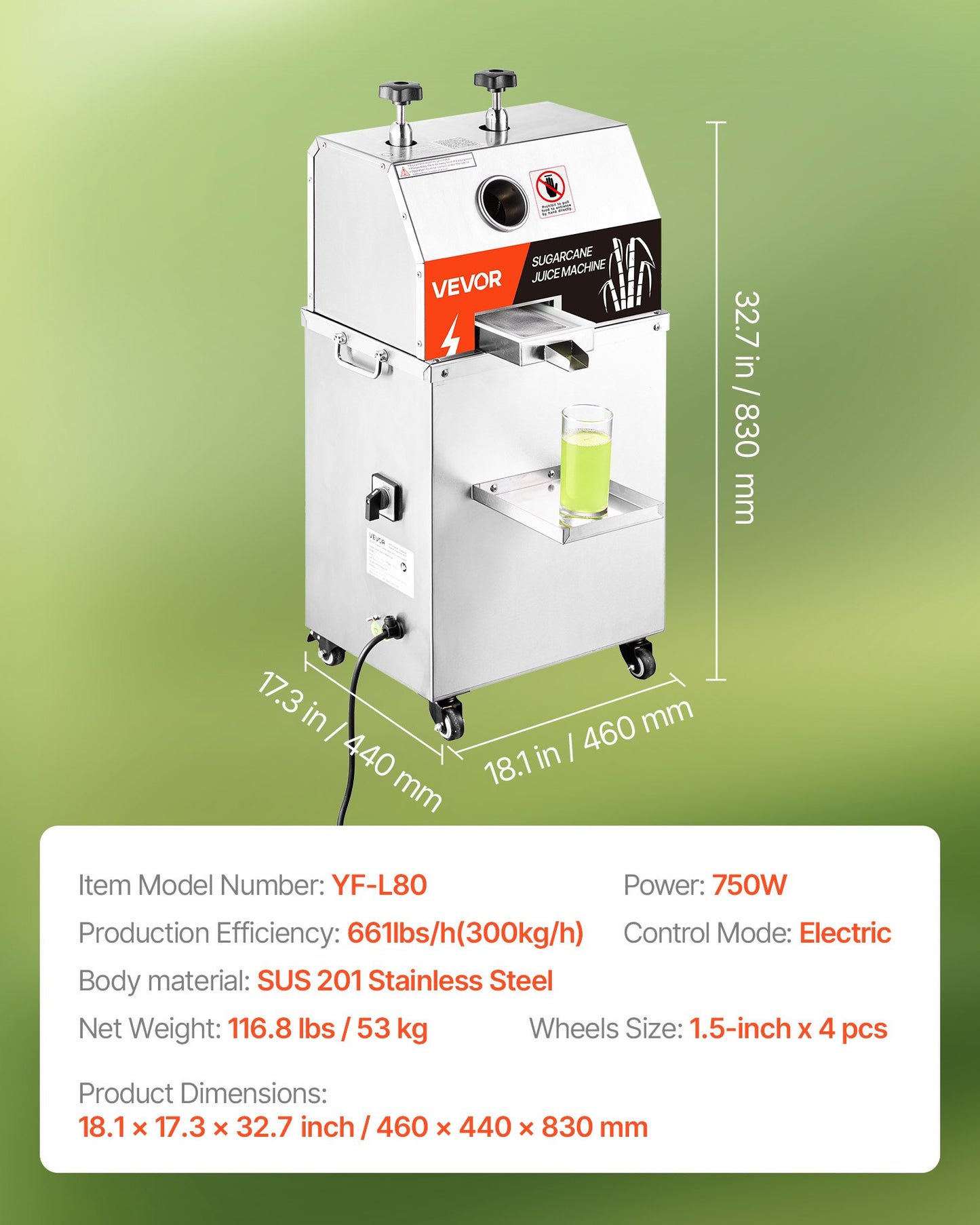 Commercial Sugar Cane Juicer, 750W Electric Sugarcane Juicer Machine with 300KG/H High Output, 3 Stainless Steel Rollers, Sugarcane Juice Press Extractor Squeezer on Wheels for Home/Commercial