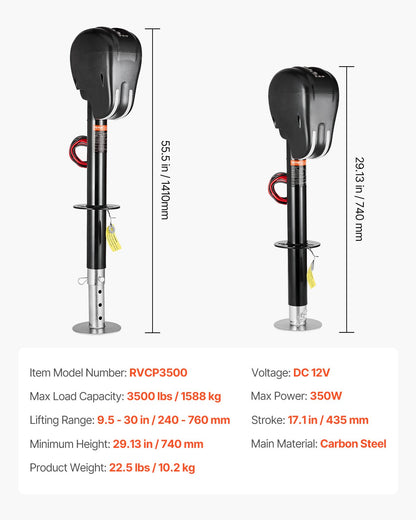 Elektrisk släpvagnsdomkraft, 1470 kg, kraftig elektrisk tungdomkraft för husbilar med 2-vägskontakt, minnesfunktion, vevhandtag och väderbeständigt domkraftsskydd, 23-61 cm lyft, för släpvagnar och husbilar