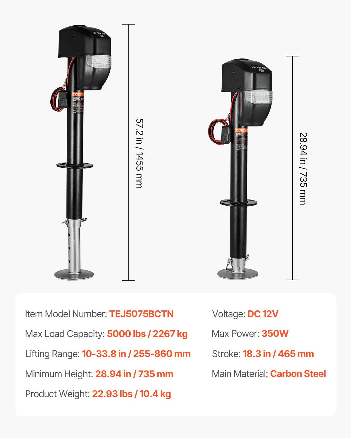 Elektrisk släpvagnsdomkraft, 5000 lbs, Kraftig elektrisk domkraft med tunga för husvagnar och 2-vägskontakt, fjärrkontroll, vev och väderbeständigt domkraftsskydd, 10"-28,3" lyft, för släpvagnar och husbilar