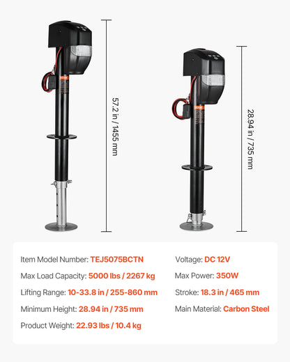 Elektrisk släpvagnsdomkraft, 5000 lbs, Kraftig elektrisk domkraft med tunga för husvagnar och 2-vägskontakt, fjärrkontroll, vev och väderbeständigt domkraftsskydd, 10"-28,3" lyft, för släpvagnar och husbilar