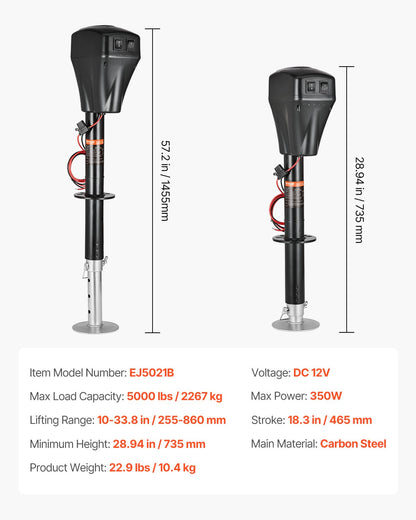 Electric Trailer Jack, 5000 lbs, Heavy Duty RV Electric Power Tongue Jack with 2 Way Connector, Manual Crank Handle & Weatherproof Jack Cover, 10"-28.3" Lift, for RVs, Trailers & Campers, Black