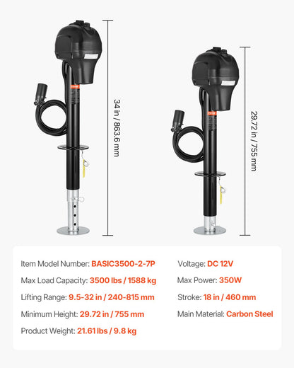 Elektrisk släpvagnsdomkraft, 1470 kg, Kraftig elektrisk domkraft för husbilar med 7-polig kontakt, manuell vev och väderbeständig domkraftsskydd, 23-61 cm lyft, för släpvagnar, husbilar och husbilar, svart