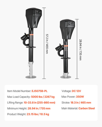 Electric Trailer Jack, 5000 lbs, Heavy Duty RV Electric Power Tongue Jack with 7-pin Connector, Manual Crank Handle & Weatherproof Jack Cover, 10"-28.3" Lift, for Trailers, Campers & RVs, Black