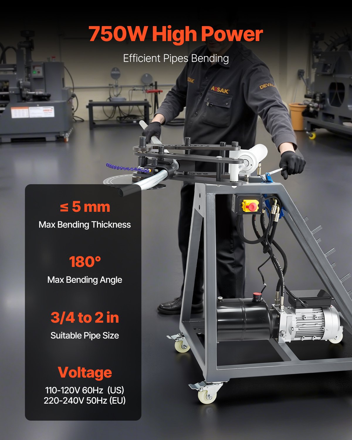 Electric Tube Bending Machine, 750W Electric Tubing Bender with 6L Hydraulic Cylinder, Movable Pipe Bender Machine with Casters, 3 Dies & 180° Max Bending Angle, Suitable for 3/4 to 2 inch Pipes