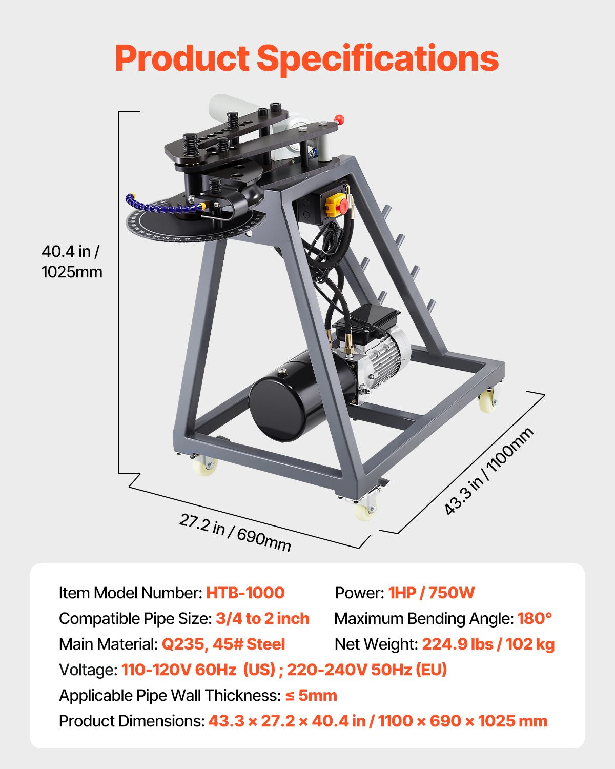 Electric Tube Bending Machine, 750W Electric Tubing Bender with 6L Hydraulic Cylinder, Movable Pipe Bender Machine with Casters, 3 Dies & 180° Max Bending Angle, Suitable for 3/4 to 2 inch Pipes