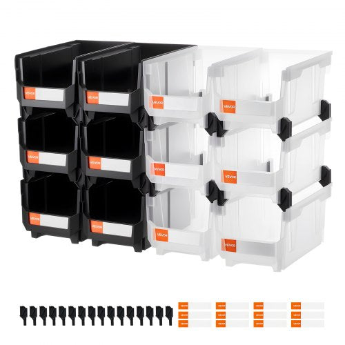 Plastic Stackable Storage Bins, 37.7 x 21.5 x 18 cm (12 Pack), Plastic Containers for Organizing & Storage Bins for Garage, Small Parts, Office Supplies, Other Accessories, Black & Transparent