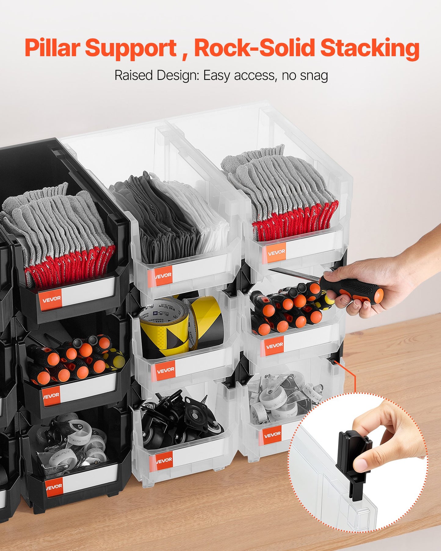 Plastic Stackable Storage Bins, 37.7 x 21.5 x 18 cm (12 Pack), Plastic Containers for Organizing & Storage Bins for Garage, Small Parts, Office Supplies, Other Accessories, Black & Transparent