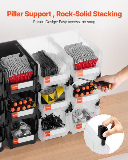 Plastic Stackable Storage Bins, 37.7 x 21.5 x 18 cm (12 Pack), Plastic Containers for Organizing & Storage Bins for Garage, Small Parts, Office Supplies, Other Accessories, Black & Transparent