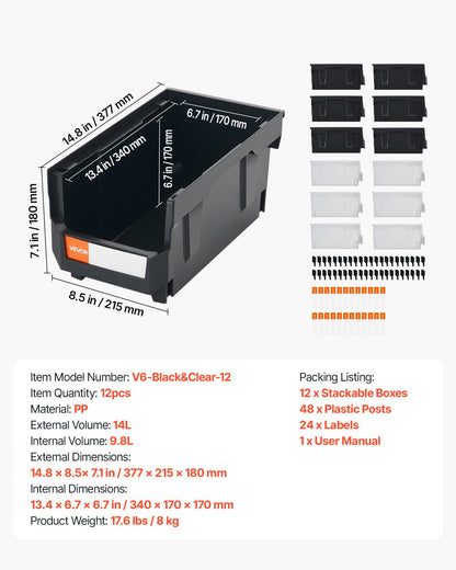 Plastic Stackable Storage Bins, 37.7 x 21.5 x 18 cm (12 Pack), Plastic Containers for Organizing & Storage Bins for Garage, Small Parts, Office Supplies, Other Accessories, Black & Transparent