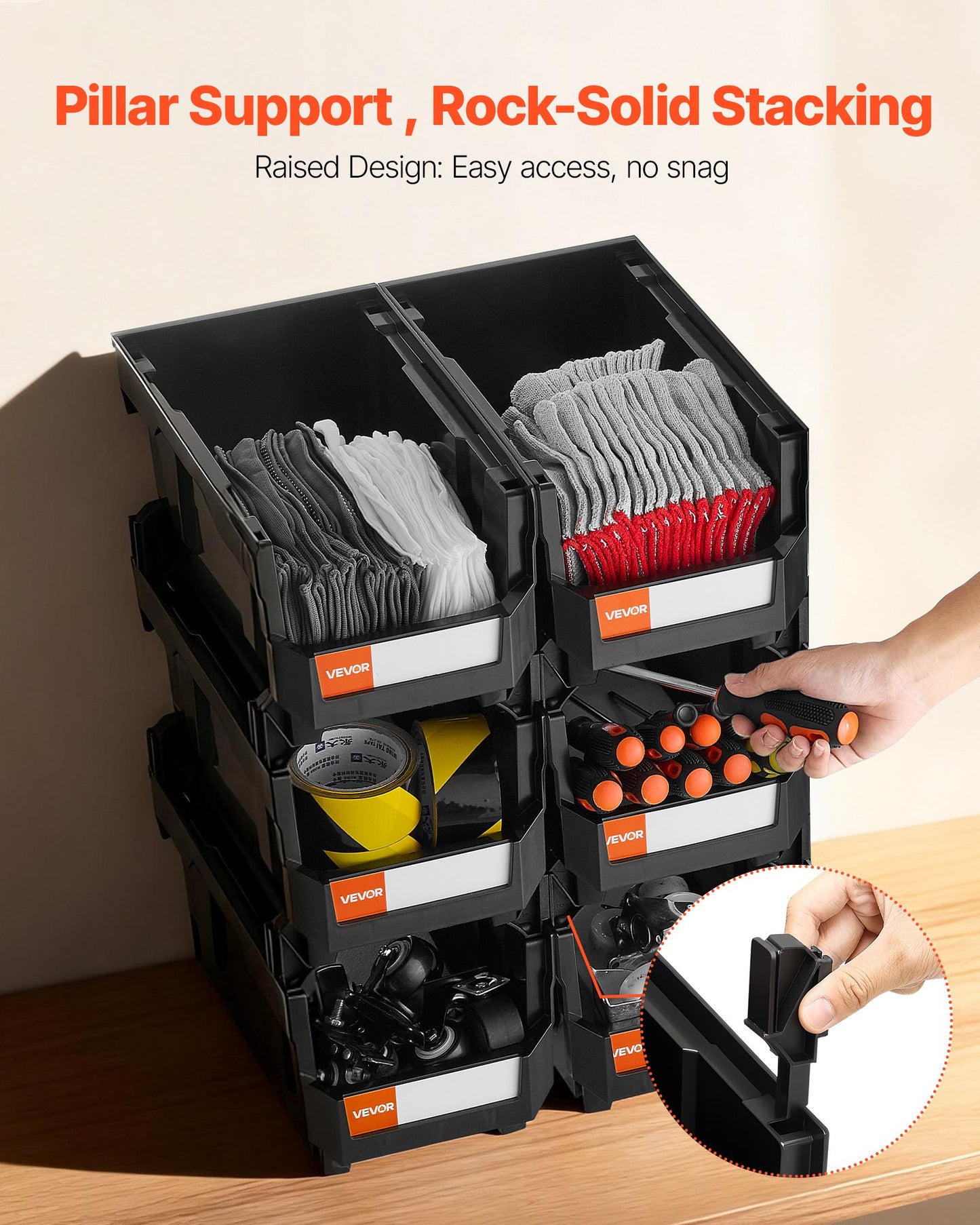 Plastic Stackable Storage Bins, 37.7 x 21.5 x 18 cm (6 Pack), Plastic Containers for Organizing and Storage Bins for Closet, Garage, Small Parts, Office Supplies and Other Accessories, Black