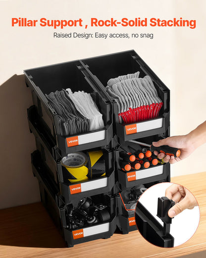 Plastic Stackable Storage Bins, 37.7 x 21.5 x 18 cm (6 Pack), Plastic Containers for Organizing and Storage Bins for Closet, Garage, Small Parts, Office Supplies and Other Accessories, Black